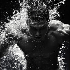 Fototapeta premium Swimmer emerging from the pool, water droplets mid-air, athletic physique, intense focus, professional sports energy, close-up dramatic lighting, isolated sports photography. 