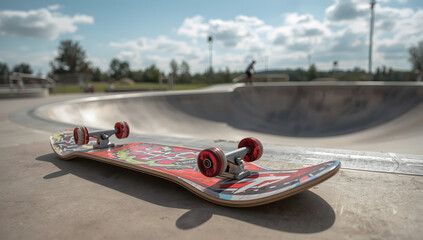 A skateboard rests on the concrete of a skate park, under a partly cloudy sky.