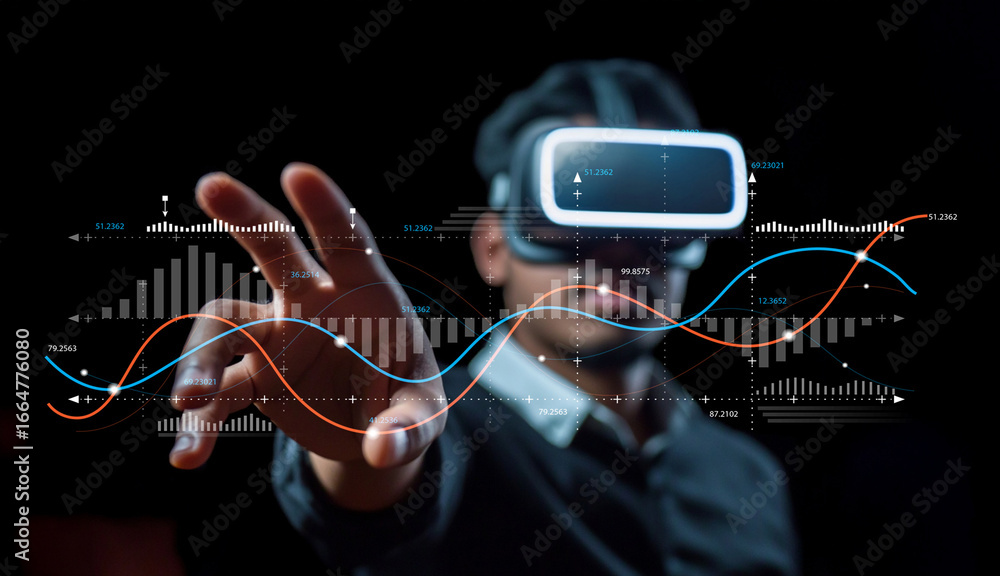 Poster business professional interacting with virtual reality technology and digital data visualization in 