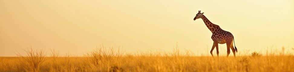 Naklejka premium A tall giraffe with distinctive spotted patterns gracefully walks through the golden savannah, its long neck elegantly arched