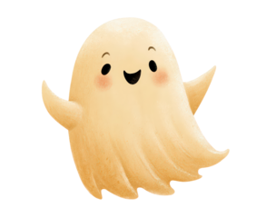 Cute smiling cartoon ghost with blush and happy expression on transparent background, PNG