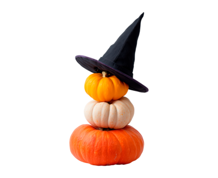 Halloween pumpkin stack with witch hat on transparent background, PNG