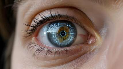 A background showing a close-up of a human eye, with a glowing, futuristic HUD interface reflected on the iris.