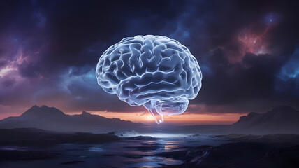 A powerful, dark background with a single, giant, glowing AI brain or orb hovering like a mysterious planet in space.