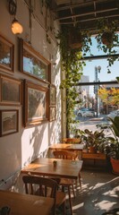 Fototapeta premium Sunny cafe interior with framed art, plants, and city view