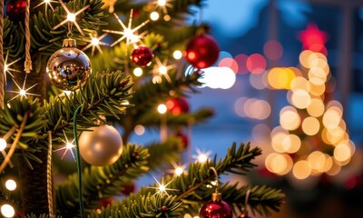 Sparkling Christmas tree illuminated with warm white lights, festive ornaments decorating its branches against a blurred background, sparkle, christmastime, season