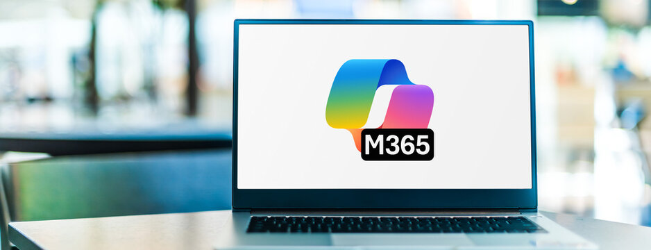 Laptop computer displaying logo of Microsoft 365 Copilot