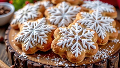 Warm, spiced Christmas cinnamon cookies, dusted with powdered sugar, arranged on a rustic wooden board, dessert, baking