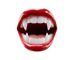 Close-up of open vampire mouth with red lips and sharp fangs on transparent background, PNG