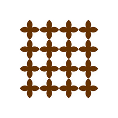 A square grid pattern composed of sixteen stylized four-petal flower shapes in a dark brown color, set against a plain white background.