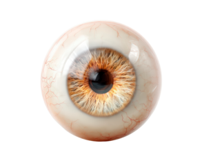Realistic human eyeball with detailed veins and brown iris on transparent background, PNG