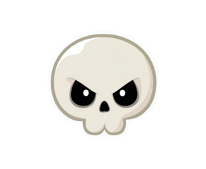 Cartoon skull with angry expression and bold black eyes on transparent background, PNG