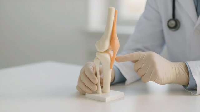 Orthopedic Doctor Explaining Knee Joint Anatomy with Ligament Model &ndash; Medical Consultation, Injury Diagnosis and Treatment Education in Clinic, Close-Up with Copy Space