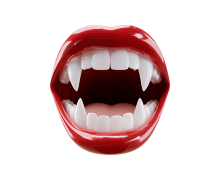 Close-up of open vampire mouth with red lips and sharp fangs on transparent background, PNG