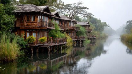 Wooden houses on stilts along a calm river, misty atmosphere.