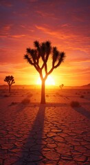 Dramatic desert sunrise, Joshua tree silhouetted