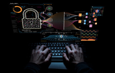 Cybersecurity Concept with Hands on Keyboard and Data Protection Visuals in Dark Environment Featuring Digital Lock and Graphical Elements