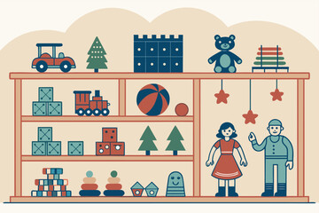 Fototapeta premium Toy store shelves overflow with action figures and dolls.