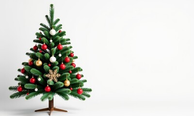 Classic Christmas fir tree adorned with ornaments, standing elegantly against a pristine white background, holiday, backdrop