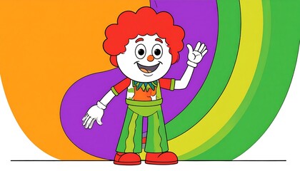A cheerful cartoon clown character stands out against a vibrant backdrop of colorful shapes.
