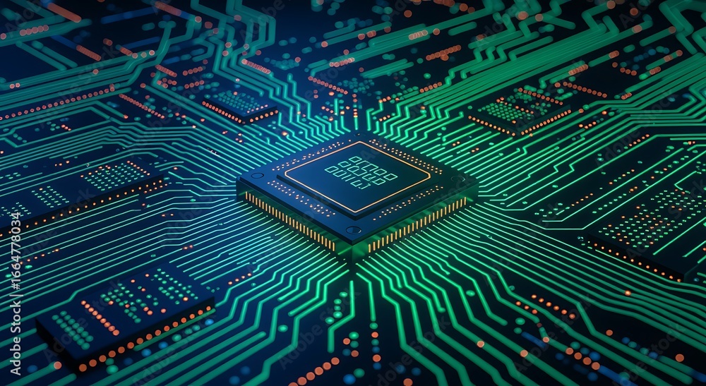 Poster glowing green circuit board with central processor
