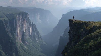 Cliffside figure gazes at a vast, forested valley between imposing, vertical cliffs