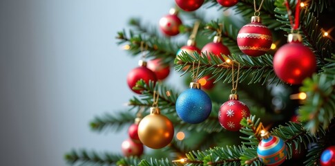 Festive Christmas tree branch adorned with colorful ornaments and miniature toys, decorations, fir