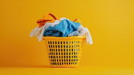 Modern plastic laundry basket filled with freshly washed clothes, placed on a vibrant yellow background, creating a clean and bright domestic concept