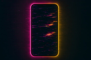 Futuristic neon glitch smartphone mockup showing a dark background with colorful digital noise and vibrant neon lights.