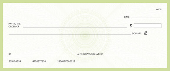 Blank bank check, checkbook cheque template or money payment paper voucher, vector mockup. Business or personal account cash pay cheque certificate or paycheck coupon from checkbook