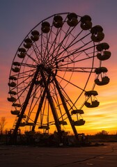 Silhouetted Ferris wheel at sunset