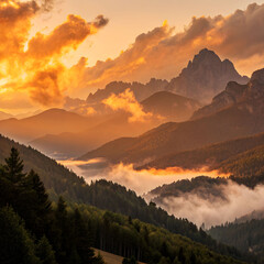 Beautiful sunset in the mountains landscape with