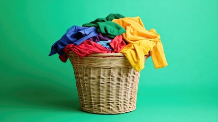 Overloaded laundry basket with colorful garments tumbling out, isolated on a green background, capturing the messiness of daily household chores
