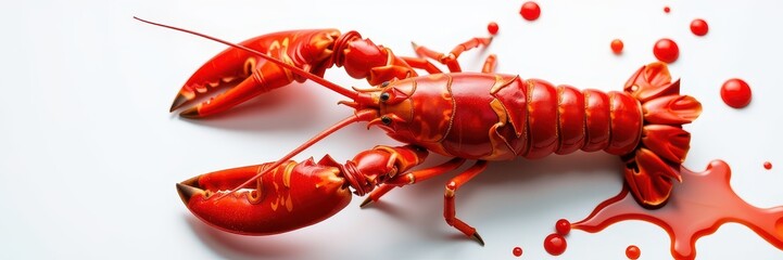 Close-up of a vibrant red lobster on a stark white background, contrasted with a splash of red, creating a visually striking image., crustacean, texture