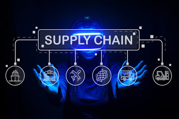 Virtual Reality Concept Representing Supply Chain Management with Digital Elements and Futuristic...