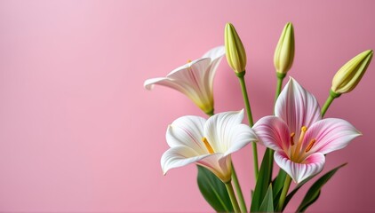 Naklejka premium Delicate arum lily blossoms against a soft pink backdrop, creating a romantic and elegant floral arrangement, soft, pastel