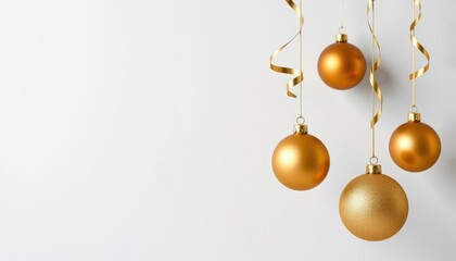 Elegant gold Christmas ornaments hanging against a pure white background, perfect for festive designs, wallpaper, holiday background