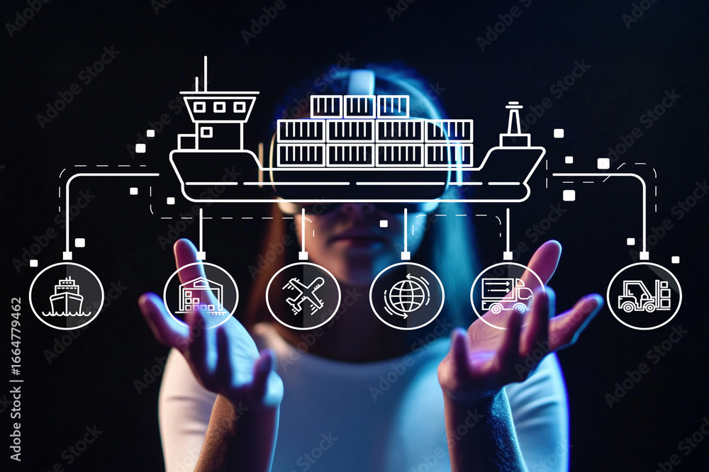 Aufkleber woman using virtual reality headset to explore logistics and shipping concepts with digital shipping
