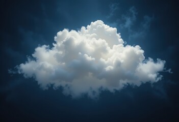Una nube blanca suave flotando sobre un fondo azul oscuro intenso, iluminada por una luz sutil, creando un ambiente tranquilo y surrealista