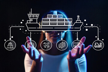 Woman using virtual reality headset to explore logistics and shipping concepts with digital...