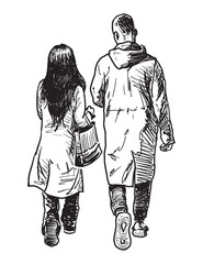 Young couple modern citizens walking outdoors, realistic sketch, vector hand drawn illustration on white background