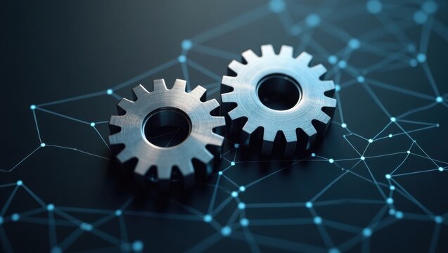 Dos engranajes entrelazados simbolizan el trabajo en equipo y la eficiencia, con una superposición de cuadrícula digital brillante que representa la innovación y el avance tecnológico