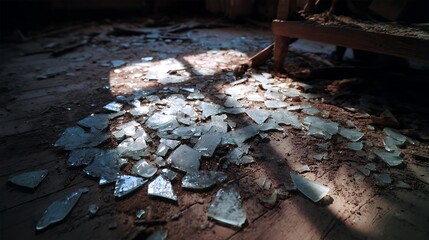 Scattered Shards of Broken Glass on Aged Wooden Floor in Dim Light