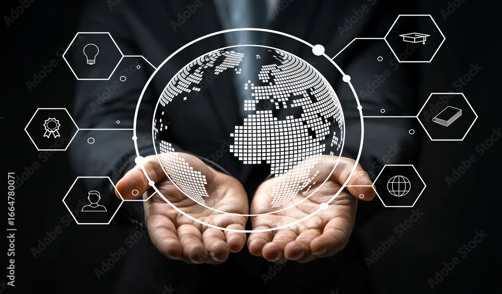 Poster global connectivity concept with hands holding digital world map and technology icons representing i