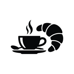 Black and white vector illustration of coffee and croissant