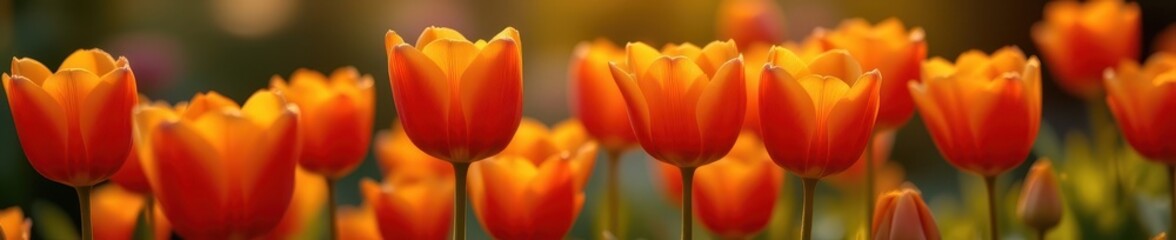 Vibrant orange tulips bask in golden sunlight, petals glowing with warmth, dew drops shimmering, garden, day, blossom
