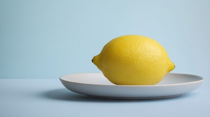 Single ripe lemon resting on minimalist plate, isolated on pale background, highlighting color contrast and simplicity