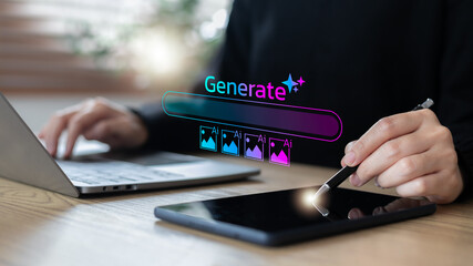 Hand using a tablet with an AI image generation interface, representing artificial intelligence,...
