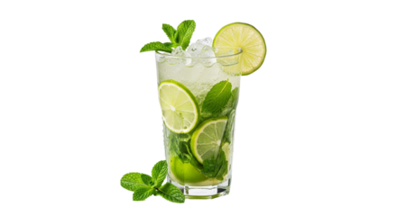 Ein Cocktailglas mit Mojito, Minzblättern und Limettenscheiben, transparenter Hintergrund, PNG