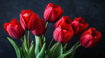 Fototapeta premium Stunning red tulip flowers arranged against a deep dark backdrop, creating a contrast that emphasizes elegance, passion, and timeless floral beauty
